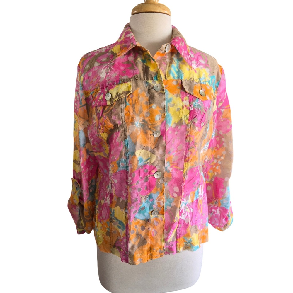 Ruby Rd Favorites Womens 12 Floral Burnout‎ Button Down Shirt Pink Orange Easter